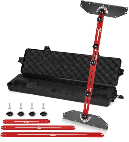 Stair Tread Template Tool-PMMJ Framing Square Stair Tread Gauge Aluminum Alloy Measuring Tool Jig for Stairs,Risers,Partitions,Adjustable Sliding Installer with Black Storage Box（Red）