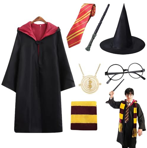 FENGQ Magier Robe, 7 Teiliges Zauberer Kostüm Erwachsene, Cosplay Kostüm mit Cape, Magic Wand, Glasses, Scarf, Tie, Magier Uniform, Kostüme für Erwachsene Halloween Karneval Fasching Party