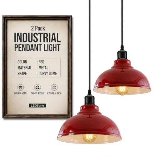 LEDSone Moderner Kronleuchter, Vintage-Pendellampenschirm, Industrielle hängende Deckenbeleuchtung, Ideal für Esszimmer, Bar, Club, E27-Sockel (ROT 2PK)
