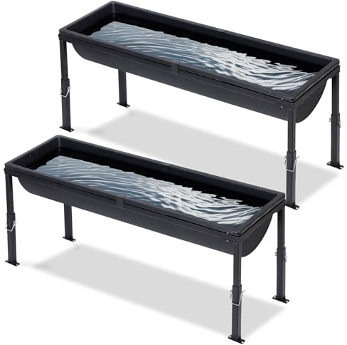 BUYYAH 2Pcs Livestock Water Trough, 39 Long Livestock Feeding Trough with Adjustable Stand, Easy to Assemble and Carry, Feeding Goats, Sheep, Horses, Chicken, Cattle, Alpacas in Farm