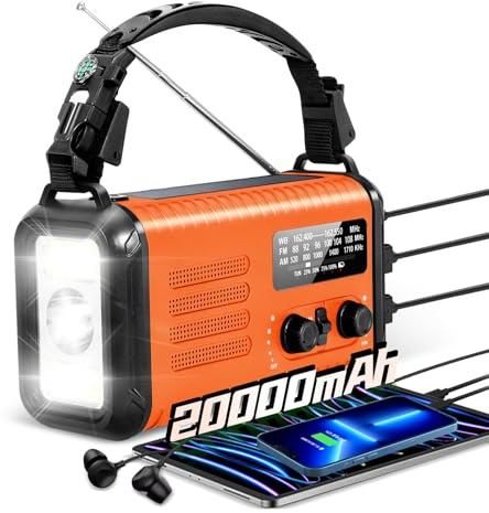 Wind Up Solar Radio, 20000mAh Emergency Weather Radio, Survival Hand Crank Radio, AM/FM Radio with Battery Phone Charger, SOS Alarm & LED Torch for Indoor/Outdoor, Emergency, Hurricane(Orange)