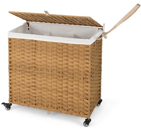 RELAX4LIFE Laundry Basket on Wheels, 125L 3-Section Large Laundry Hamper with Lid, Removable Liner Bag & Handles, Rattan Divided Clothes Sorter Washing Bin for Dorm, Bathroom, Bedroom (Natural) | 125L 3-Section Large Removable Liner Bag & Handles, Rattan Divided Clothes Sorter Washing Bin for Dorm, Bathroom, Bedroom