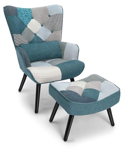 HomeMiYN Patchwork Ohrensessel mit Hocker Massivholzbeine Lendenstützkissen | Bunter bequemer Lesesessel, Leinenstoff und ergonomisches Design, für Wohnzimmer und Schlafzimmer, Blau