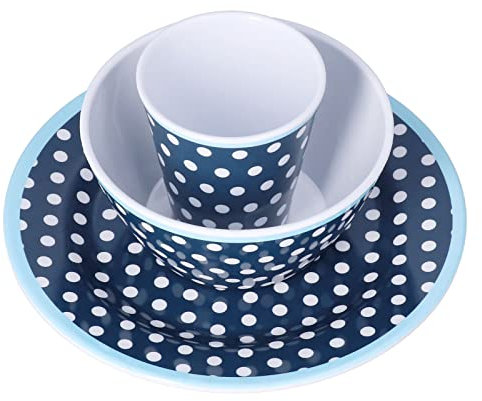 REXVTNS 3 Piece Salad Tableware Set | Safe Melamine Fruit Plate, Bowl & Cup | Microwave & Dishwasher Friendly | Bright Colors for Home/Restaurant/Hotel Use (Dark Blue dots)