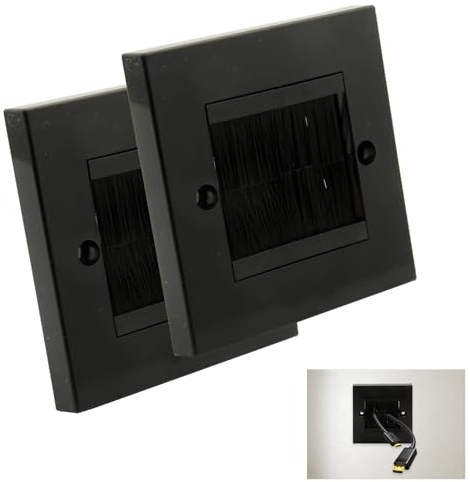 Batheidon 2 stycken vägguttag för multimedia, kabelgenomföring med borstskydd, infälld uttag för TV, högtalare, internetkabel, lämplig för standarddosor, 80 x 80 mm, lätt att installera, svart