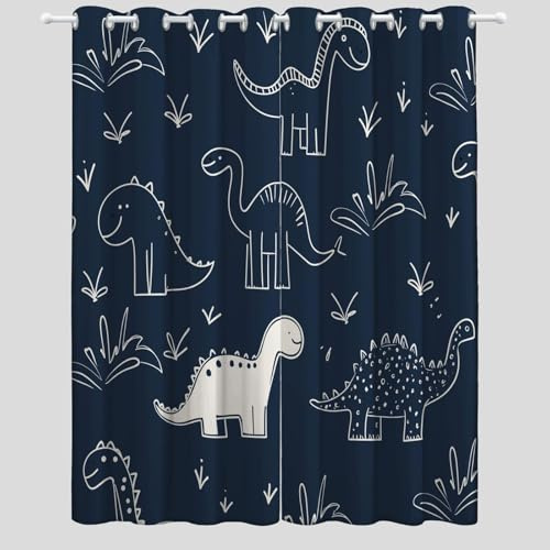 Tende Dinosauri Bambini Divertimento Tenda Oscurante 70L x 145A cm (2 Pannelli) Isolante Con Occhielli Per Camera Da Letto Tende Soggiorno Blu scuro Bianco