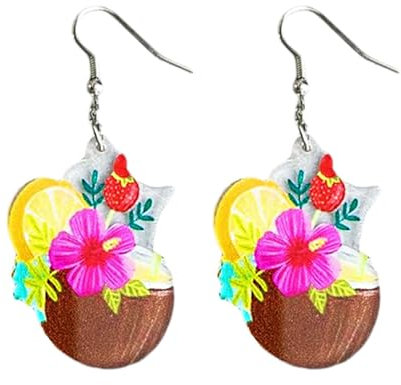 Boucle d Oreille Hawaienne, Boucles d'Oreilles Noix de Coco, Boucles d'Oreilles Bohèmes Colorées et Douces en Noix de Coco, Bijoux Cadeau pour Femme pour l'été, Plage, Fête, Vacances(A)
