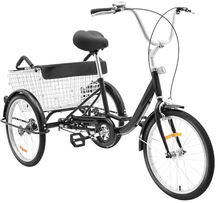 20 Inch Dreirad 3 Rad Fahrrad mit Einkaufskorb und Kindersitz, Erwachsene Dreirad Robuste Struktur Verstellbarer Sattel Lenker Single Speed Fahrrad für Unterhaltung, Einkaufen, Übung
