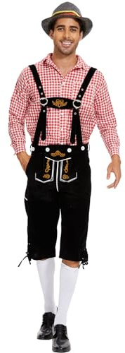 IEEILULU Oktoberfest Herren Outfit, Deutsch Bayern Oktoberfest Kostüm Herren Set mit Abnehmbarem Lätzchenträger, Karierten Hemden, Kniesocken und Bayerischen Filzhüte (Rot, XXXL)