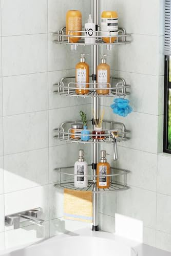 HAMITOR Teleskop Duschablage Ohne Bohren: 4-stufiges Metall Ecke Duschregal Rutschfest und Stabil, Badezimmer Organizer für Shampoo, Seife und Duschgel – verstellbar von 121-314 cm, Silbern