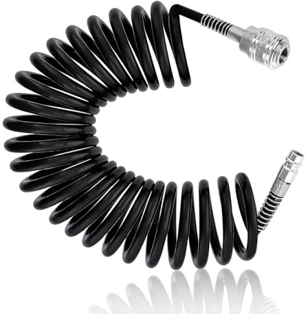 TIANLIN Spiralschlauch Druckluft, 5 m Langes Spirale Kompressorschlauch, Schwarzer PU-Luftschlauch Kompressor, Durchmesser 10 x 6,5 mm, mit Schnellkupplung, für Luftkompressoren und Aufblasgeräte