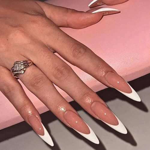 French Tip False Nails - Pink Press on Nails Almond - Long Stiletto Nude Acrylic Nails - Full Cover False Nails with Glue - Nail Tips Stick on Nails for Women Nail Art