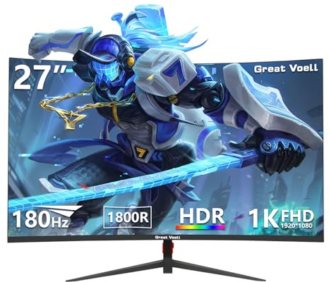 Great voell Monitor da Gaming Curvo 27 Pollici, 180 Hz, 1800R, Full HD 1080p, FreeSync, HDR10, VA, Rapporto di Contrasto 4000:1