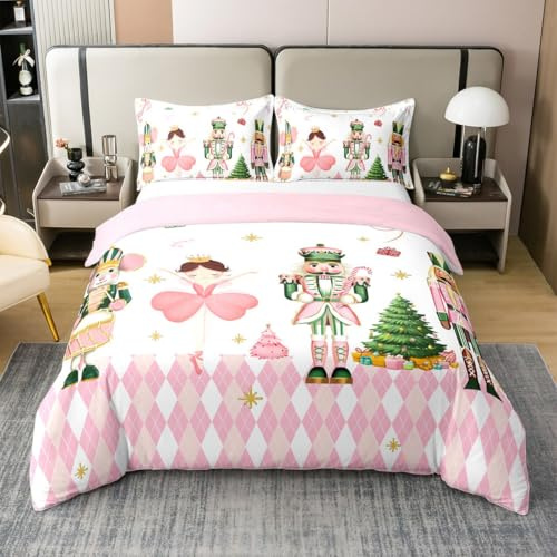 Homemissing Kids Nutcracker Bedding Set Single Size Pink Christmas Duvet Cover 100% Cotton for Kids Teens Bedroom Merry Christmas Tree Comforter Cover Breathable Soft Women Men With 1 Pillow Case