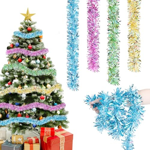 Joxessaien Lametta Weihnachtsbaum 4 Stück × 2 m – Weihnachtsgirlande 8 m Weihnachtsdeko Lametta Girlande in Gold Blau Grün Weiß – Christbaum Deko für Innen & Außen (Rot-Glocken)