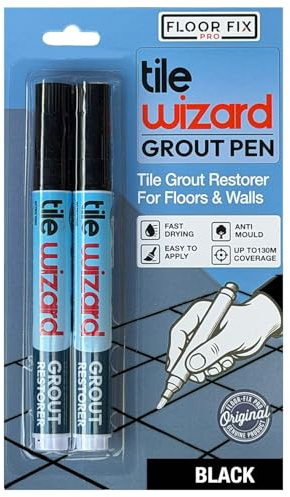 Black Grout Pen Tile Grout Paint Marker From Floor-Fix Pro | Waterproof Grout Colorant & Sealer Pen | Bathroom & Kitchen Tile Grout Whitener | Narrow 5mm Precision Tip | 2 Pack