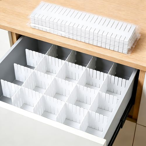 20 Adjustable Drawer Dividers,Plastic Makeup Drawer Organisers, dDrawer Separators Organizers for Kitchen Bedroom Clothes Sock Underwear Dresser Dressing Vanity Organiser Drawers Storage(31.9x6.9cm)