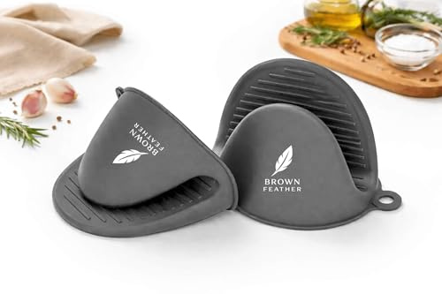 Brown Feather Silicone Oven Gloves - 1 Pair Mini Heat Resistant Air Fryer Mitts, Cooking Glove With Fingers Holders Proof Mitt Ovens, Silicon Pot Holder Hot Food Handle Covers Mitte (Dark Grey)