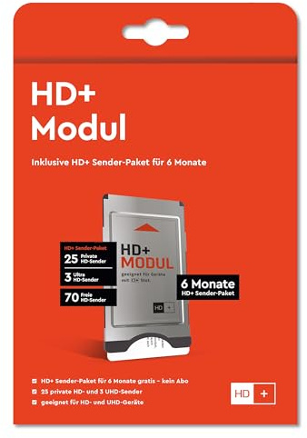 HD+ Modul für Satelliten-TV CI+ | inklusive 6 Monate HD+ Sender-Paket | 25 private Sender, 3 UHD-Sender, 70 frei empfangbare Sender | kein Abo | kompatibel mit Fernseher oder Sat-Receiver | B-Ware