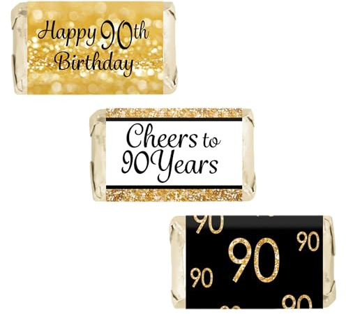 Black and Gold 90th Birthday Party Mini Candy Bar Wrappers, 90th Birthday Decorations - 42 Stickers
