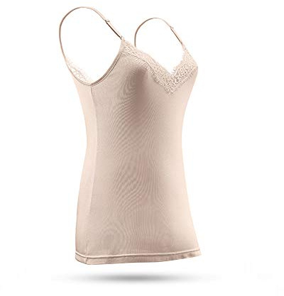 SilRiver Haut Décolleté en V en Soie pour Femme - Top Dentelle sans Manches - sous-vêtements Mi-Chemisier (Nude, XL)