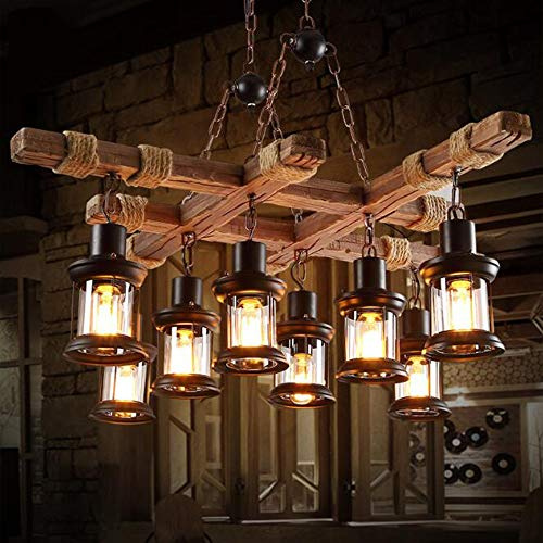 Pendellampe Retro Pendelleuchte Industrial Vintage Hängeleuchte Glas Holz Deckenleuchte 8 Lichter Loft Bar Esszimmer Landhaus Kronleuchter Antik Dekorativer Hängelamp Wohnzimmer Steampunk-Stil