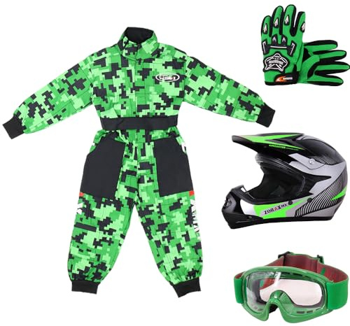 Zorax S(5-6 Years) Kids CAMO Suit & Gloves S(5cm) & Goggles & ZOR-X19 Green S (49-50cm) PREDATOR Kids Motocross Helmet ECE 2206, Child Dirt Bike Motorocycle Helmet Clothing Suit Set