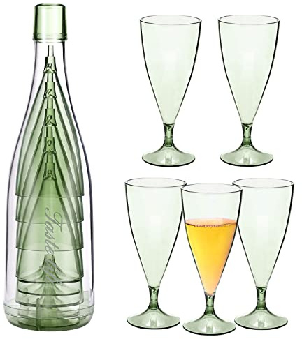 5Pcs Stackable Champagne Glasses Set,Reusable Unbreakable Wine Flutes with Bottle Container,Shatterproof Elegant Transparent Stemmed Goblet Barware,Perfect for Party,Wedding,Birthday