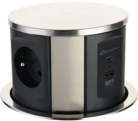 Electraline 35446 Bloc Multiprise escamotable Plan de Travail avec 3 16A Norme française + 2 3.1A A + 1 USB Type C 15.5W, Prise Encastrable pour Cuisine, Diamètre 120mm, 2M, Noir, Vertical