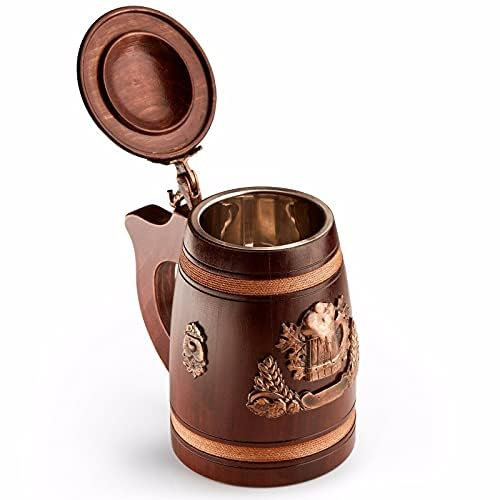 Novecrafto Bierkrug aus Holz mit Deckel, handgefertigt aus echtem Eichenholz mit 0,5 l/0,88 Pint Fassungsvermögen. Atemberaubender mittelalterlicher Bierkrug aus Holz, Geschenk für Ihn und alle Bierli