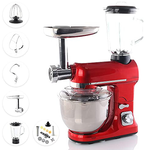 BEM Küchenmaschine Alex, rot, Schüssel 5L, Mixer, Fleischwolf, Knethaken | Planetenrührwerk, Schlag-Rührbesen, Knetmaschine, Wurst- und Pastaaufsätze, viel Zubehör, 1800W