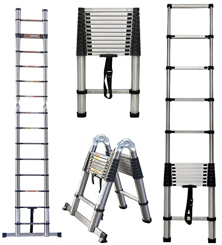 Scala telescopica da 3,8 m, in acciaio inox, multiuso, pieghevole, con gradini antiscivolo, portata 150 kg, EN131