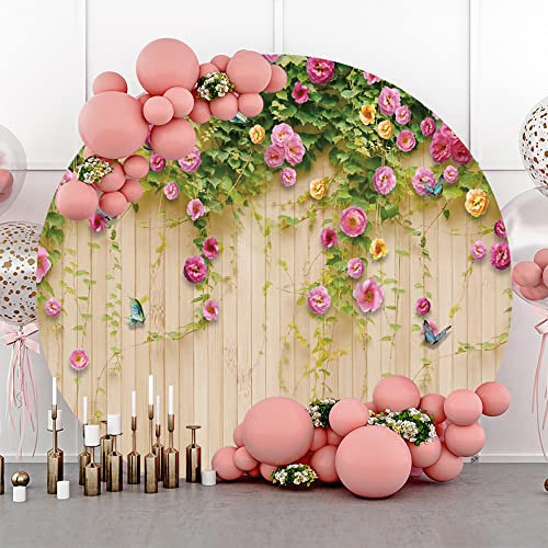 Bovlleetd Flor Redondo Fondo Verano Colgante Rosa Flores Círculo Fondo Retro Vintage Madera Pared Fotografía Fondo Botánico Mariposa Telones de Fondo para Photo Booth Props 150cm