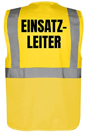 Fassbender-Druck WARNWESTEN - Sicherheitsweste GELB mit Taschen und Reißverschluss nach EN ISO 20471 zertifiziert - Warn Weste für EINSATZLEITER - Unisex mit hochwertigem Reflektorstreifen