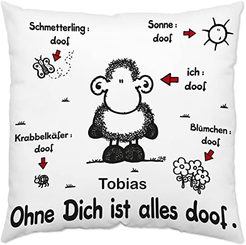minimutz Kissen mit Spruch 'Ohne Dich ist Alles doof' mit Name Bedruckt | Dekokissen 40x40 cm Schaf für Kinder Mädchen und Jungen (weiß)
