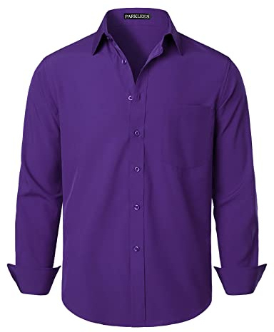 PARKLEES Men's Regular Fit Dress Shirt Solid Wrinkle-Free Long Sleeve Casual Business Button Up Shirts with Pocket