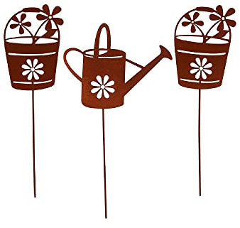 UNUS Garden Rost, set da 3 annaffiatoio e vasi da fiori, decorazione da giardino, effetto ruggine, spina in metallo arrugginito, decorazione per giardino, terrazza, balcone o vaso di fiori