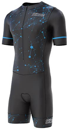 Herren-Radsport-Skinsuit, Gel-Polsterung, einteiliger Trisuit, Bike-Oberteil, kurz, sublimiert, einzigartiges Design, Trägerhose (Schwarz/Blau, XL), schwarz / blau, XL