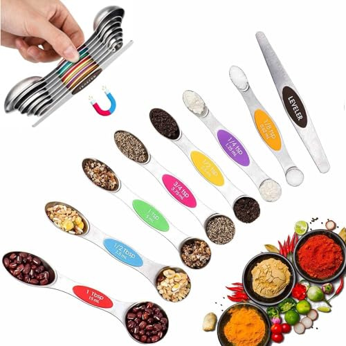 Juego de cucharas medidoras magnéticas, 8 piezas, ahorro de espacio, apilables, medidas precisas, ingredientes secos y líquidos, cabezales duales, codificado por colores y nivelador, 1/8 cucharada – 1