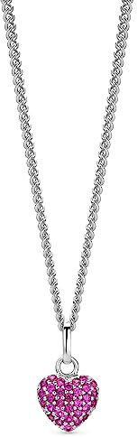 OROVI Schmuck Damen Herz–Kette mit Herzanhänger Edelsteine Geburtssteine rosa Rubinen pavé besetzt Zeitlose klassische Silberkette Halskette aus 925 Sterling Silber, 46 cm lang
