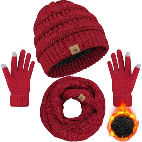 Wintermütze, Schal, Handschuhe, warme Fleece-Strickmütze, Touchscreen-Handschuhe, Halstuch-Set, Wintergeschenke für Unisex-Erwachsene