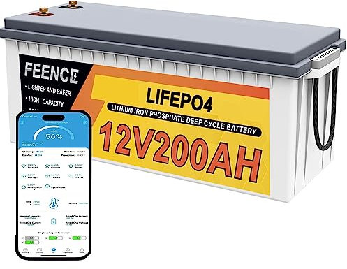 Batería LiFePO4 de 12 V 200 Ah con Bluetooth, 200 A BMS, hasta 15.000 ciclos, batería de litio de ciclo profundo, máx. 2560 Wh para autocaravanas, barcos, motores eléctricos, sistemas solares, camping
