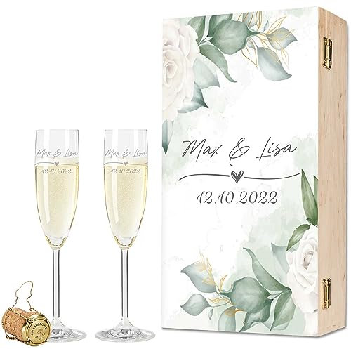 GRAVURZEILE Leonardo – Bicchieri da spumante con incisione – Wedding Love Design – Personalizzati con nome e data con scatola di legno – regalo per matrimonio, fidanzamento o anniversario – Colore: