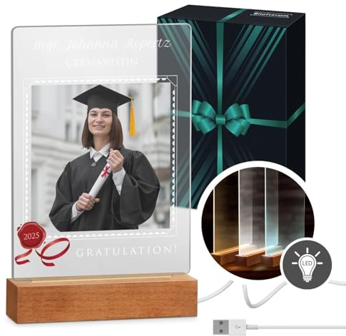 Maverton beleuchteter LED-Rahmen mit eigenem Foto - personalisiertes Acrylglasbild mit Holzständer mit LED-Beleuchtung - Glasfoto für Frauen zum Geburtstag - Größe: 15x24x4,5cm - Magister