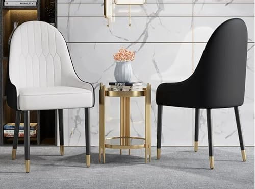Accent Armchair, Fire Resistant PU Leather Dining Chairs Padded Seat With Metal Black Legs And Gold Horns, 2 Piece Set For Living Rooms, Dining Rooms, Bedrooms, Offices (WHITE/BLACK)