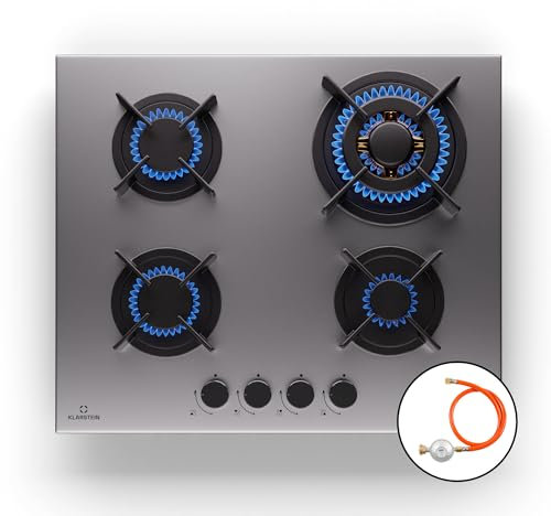 Klarstein Gas Cooker, 4 Burners Gas Hob, 8000W Built In Four Ring Electric Hob, Campervan Cooktops Gas Cookers, Silver Stainless Steel Top Wok Burner, 4 Ring Kitchen Stoves LPG Cooker Gas Burners Unit