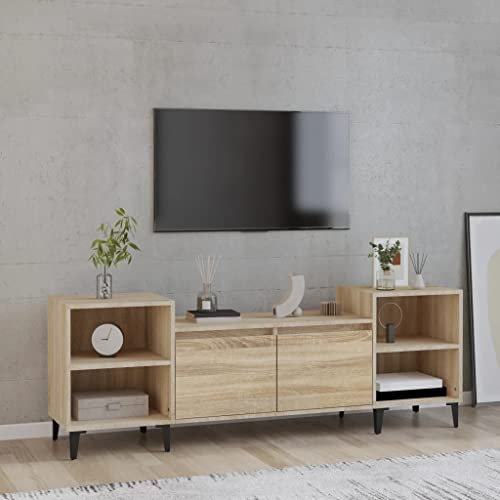 TJROO TV-Schrank Sonoma-Eiche 160 x 35 x 55 cm aus mehrschichtigem Holz und Metall – Regal unter TV mit Türen und Vitrine – Konsole für Fernsehen mit niedriger Höhe