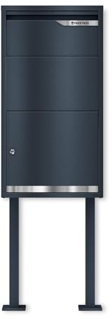 Metzler® Paketbox mit Klappensystem und Schloss in Anthrazit mit Ständer wetterfest rostfrei aus Stahl mit Edelstahlleisten für kontaktlose Zustellung und sichere Paketannahme Avalon 3