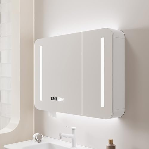Medizinschrank mit HD-Spiegel,Badezimmerspiegel mit Antibeschlag,moderner,intelligenter Medizinschrankspiegel mit LED-Beleuchtung,Badezimmer-Aufbewahrungs-Organizer,Uhr und Temperaturanzeige/Touc
