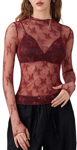 Geagodelia T-Shirt Transparent Femme Sexy en Dentelle Florale, Haut en Mesh Clubwear (Bordeaux, S)